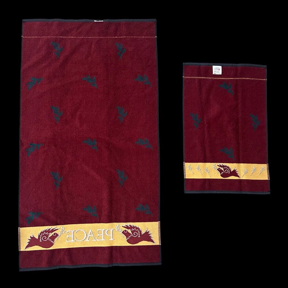 Vintage Christmas Bath Towel Hand Towel Set 1990s Santens USA Peace Dove Cotton - Picture 4 of 8